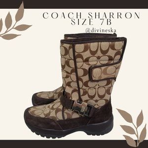 Coach Sharron Signature Boots Insulated Brown Tan Buckle Detail Size 7 B Vibram
